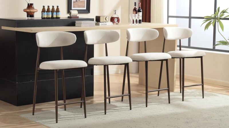 Upholstered Linen Bar Stools with Walnut Grain Metal Legs