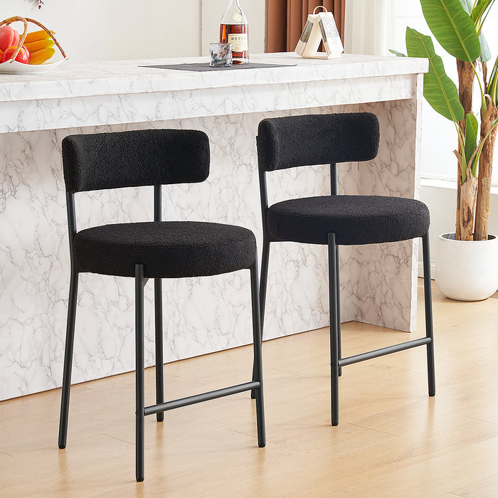 Furnilivng 24'' Bar Stools Set of 2, Modern Boucle Fabric Counter Height Bar Stools with Mid Back, Metal Frame with Upholstered for Kitchen Island, Bar, Dining Room
