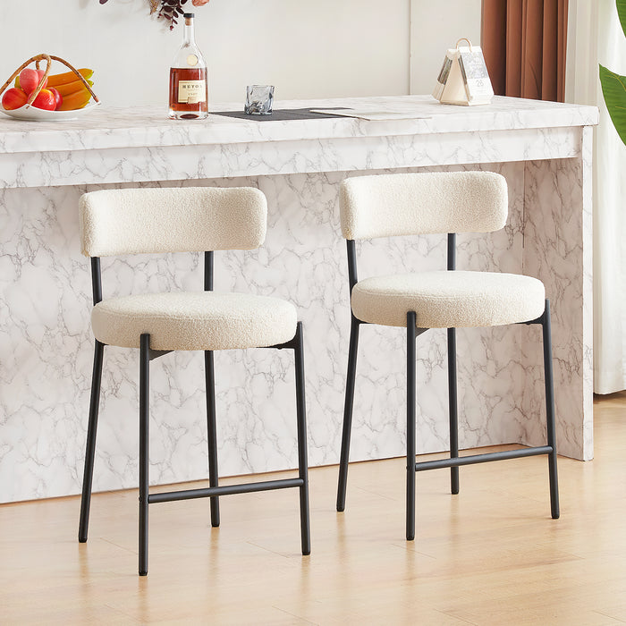 Furnilivng 24'' Bar Stools Set of 2, Modern Boucle Fabric Counter Height Bar Stools with Mid Back, Metal Frame with Upholstered for Kitchen Island, Bar, Dining Room