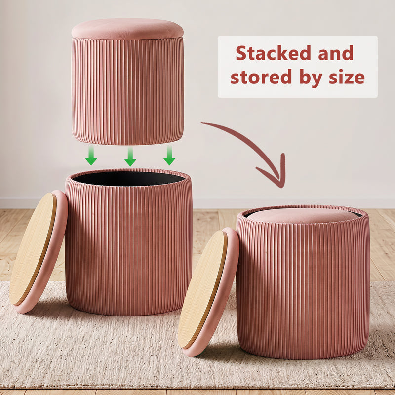 Velvet Storage Stool Set Of 2,Round Ottoman With Paint-Free Panels As a Small Table,Cute Foot Stool For Entryway