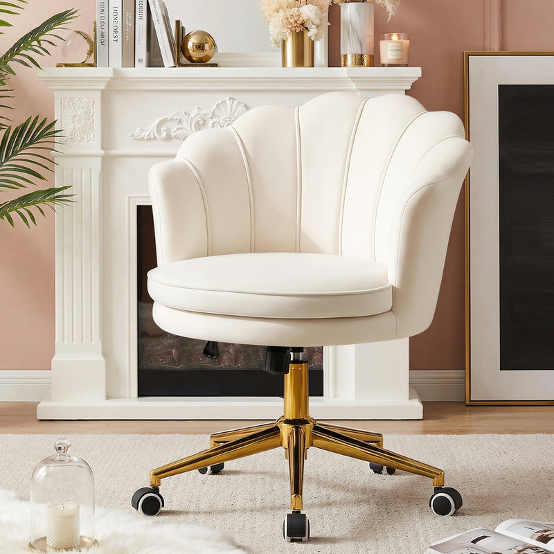 Furniliving Cute Vanity Chair With Shall-Shaped Backrest,Adjustable Swivel Home Office Desk Chair With Wheels