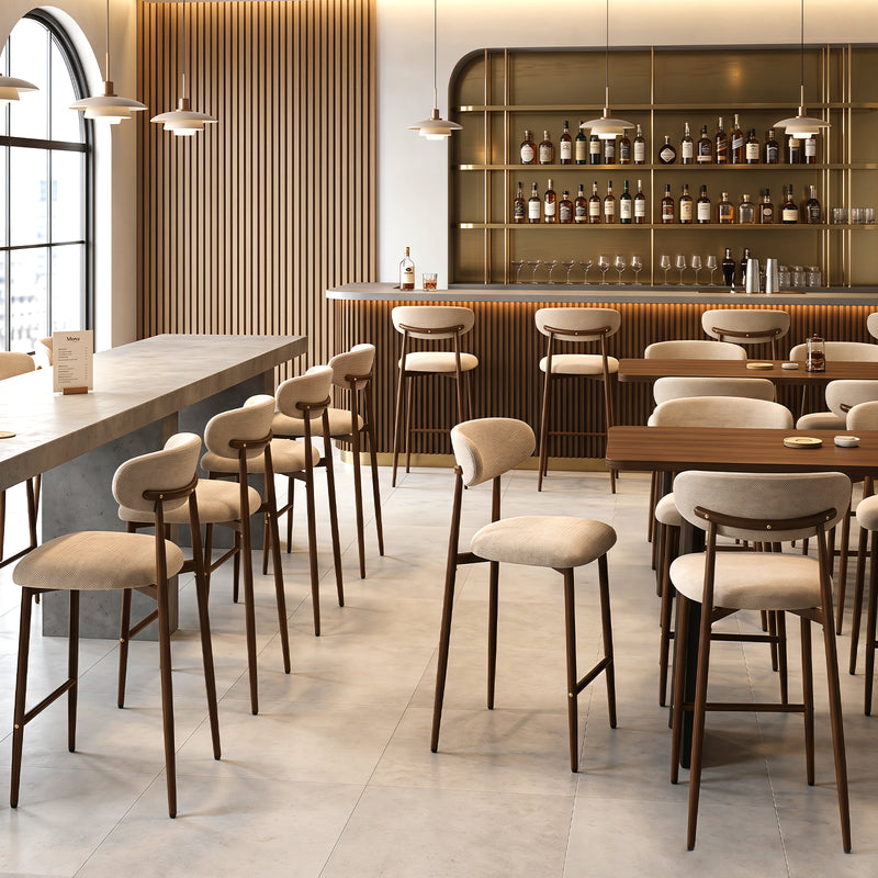 Upholstered Linen Bar Stools with Walnut Grain Metal Legs