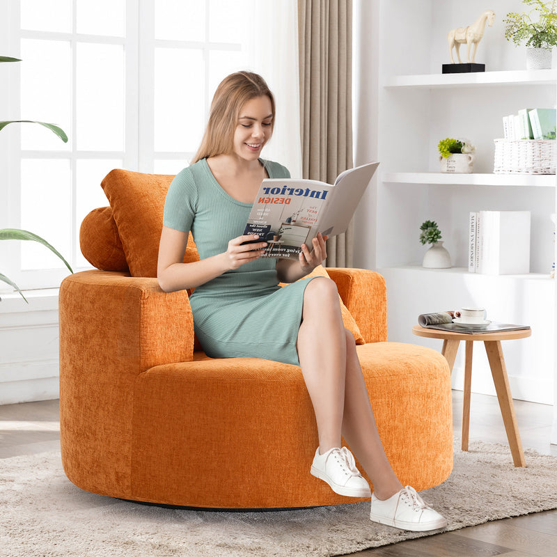 360° Swivel Oversized Barrel Chair, Chenille Upholstered Round Accent Chair