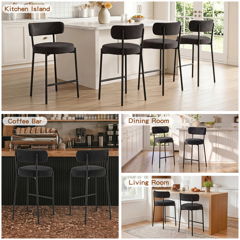Furnilivng 24'' Bar Stools Set of 2, Modern Boucle Fabric Counter Height Bar Stools with Mid Back, Metal Frame with Upholstered for Kitchen Island, Bar, Dining Room