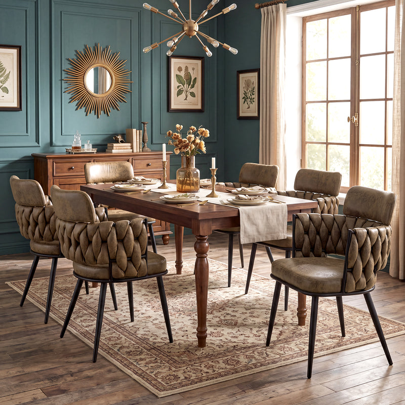 Hand-Woven Dining Chairs Set of 2, Upholstered Luxury Faux Suede Dining Room Chairs with Ergonomic Curved Back