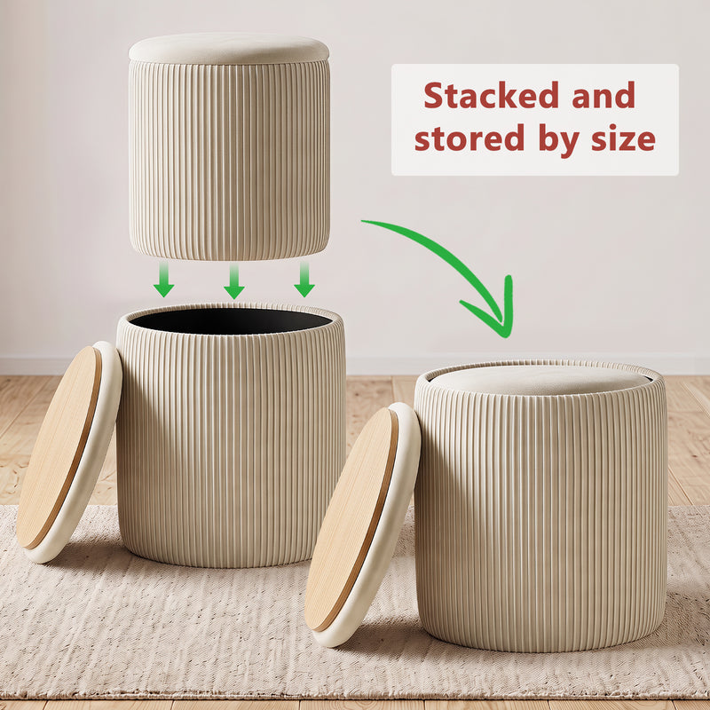 Round Velvet Storage Stool Set Of 2 with Wood Table Top Beige-4 | Furnimart