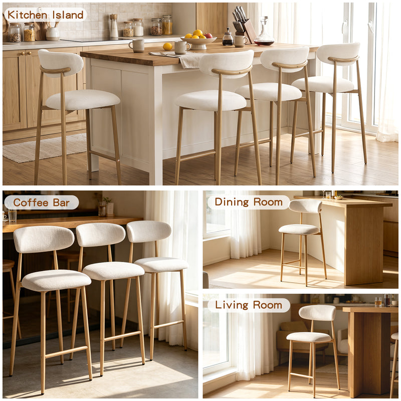 Upholstered Linen Bar Stools with Walnut Grain Metal Legs