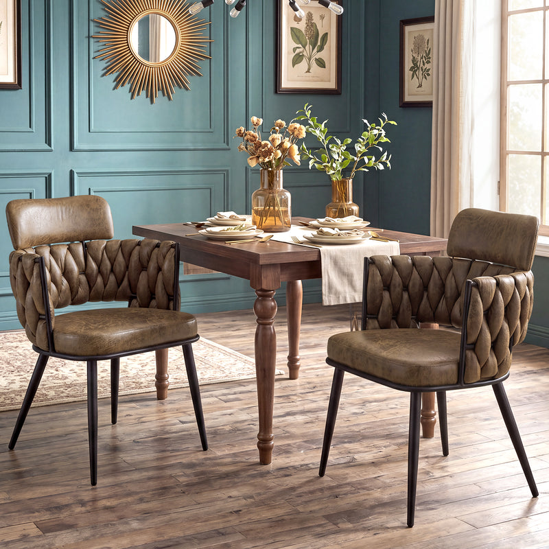 Hand-Woven Dining Chairs Set of 2, Upholstered Luxury Faux Suede Dining Room Chairs with Ergonomic Curved Back