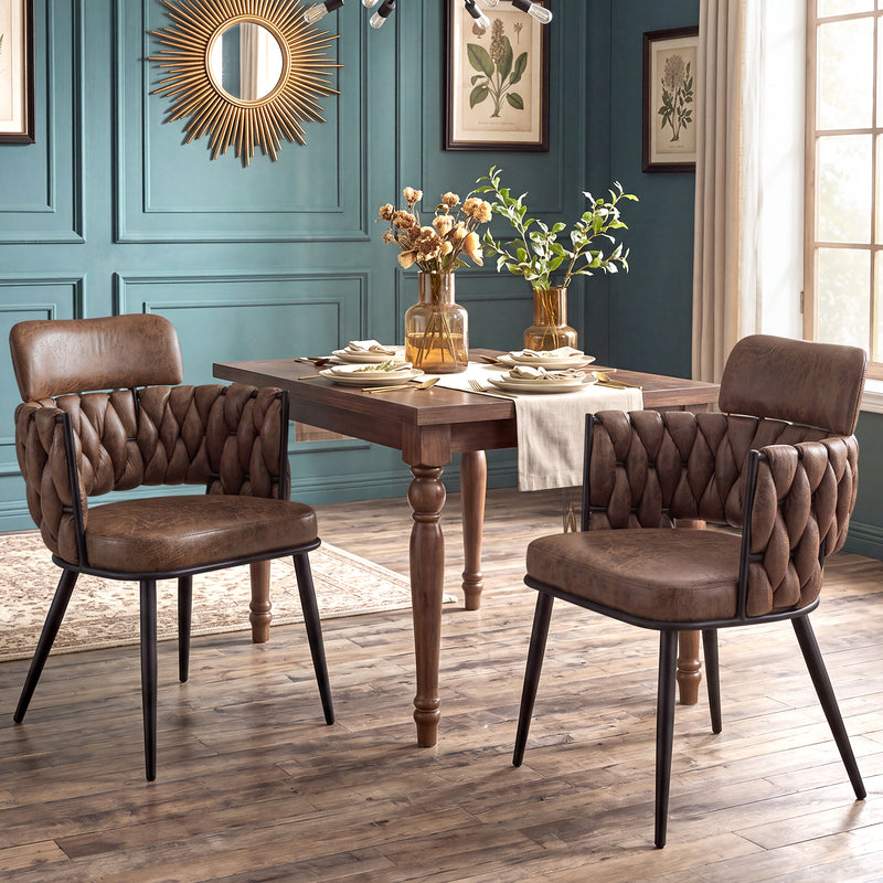 Hand-Woven Dining Chairs Set of 2, Upholstered Luxury Faux Suede Dining Room Chairs with Ergonomic Curved Back