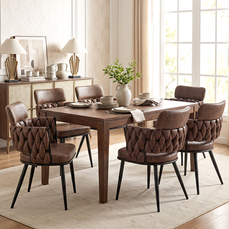 Hand-Woven Dining Chairs Set of 2, Upholstered Luxury Faux Suede Dining Room Chairs with Ergonomic Curved Back