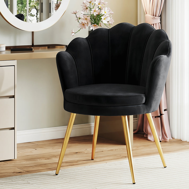 Furniliving Velvet  Vanity Chair Seashell-Shaped Vanity Stool Upholstered Accent Chair With Golden Metal Legs