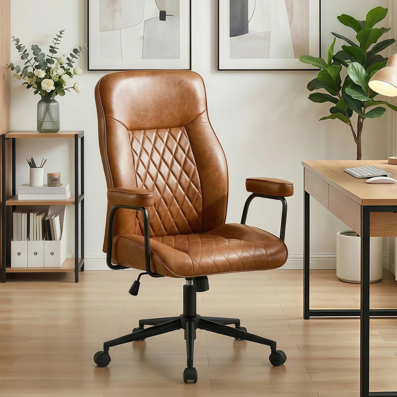 Furniliving Leather Home Office Desk Chair Mid Century Modern Office Chair With Lumbar Support