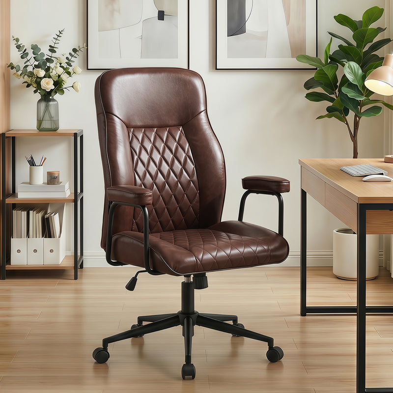 Furniliving Leather Home Office Desk Chair Mid Century Modern Office Chair With Lumbar Support