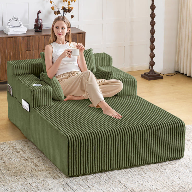 66" Oversized Chaise Lounge Indoor, Upholstered Sofa Bed with 1 Cup Holders & 4 Side Pockets