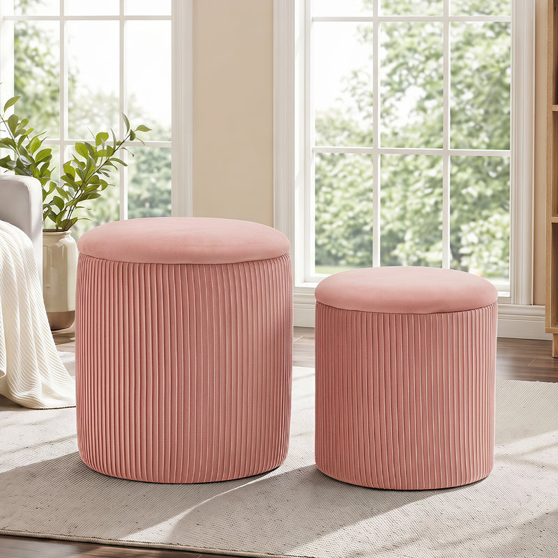 Velvet Storage Stool Set Of 2,Round Ottoman With Paint-Free Panels As a Small Table,Cute Foot Stool For Entryway