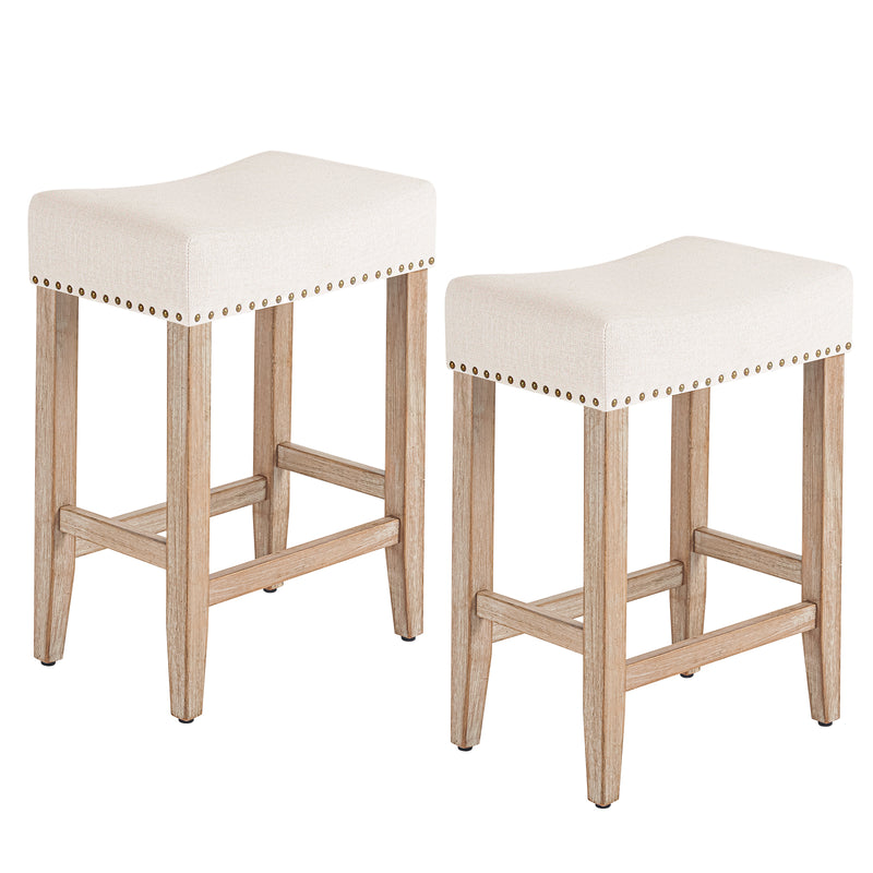 Set Of 2, 25 Inch Bar Stools, Saddle Stools, Cushions With Rivets, Wooden Bar Stools