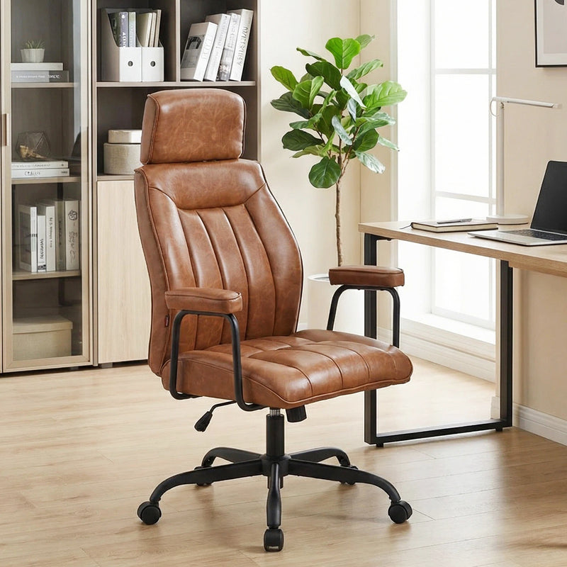 Leather Home Office Desk Chair Mid Century Modern Office Chair With Lumbar Support