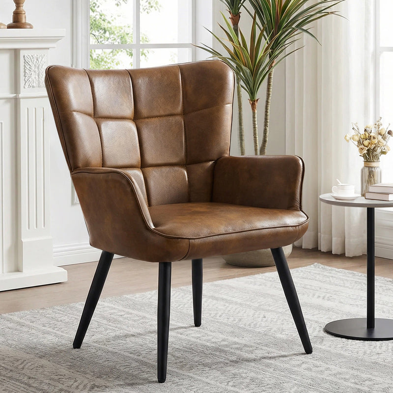 PU Leather Accent Chair With High Backrest Comfortable Tufted With Feather-Like Armrests