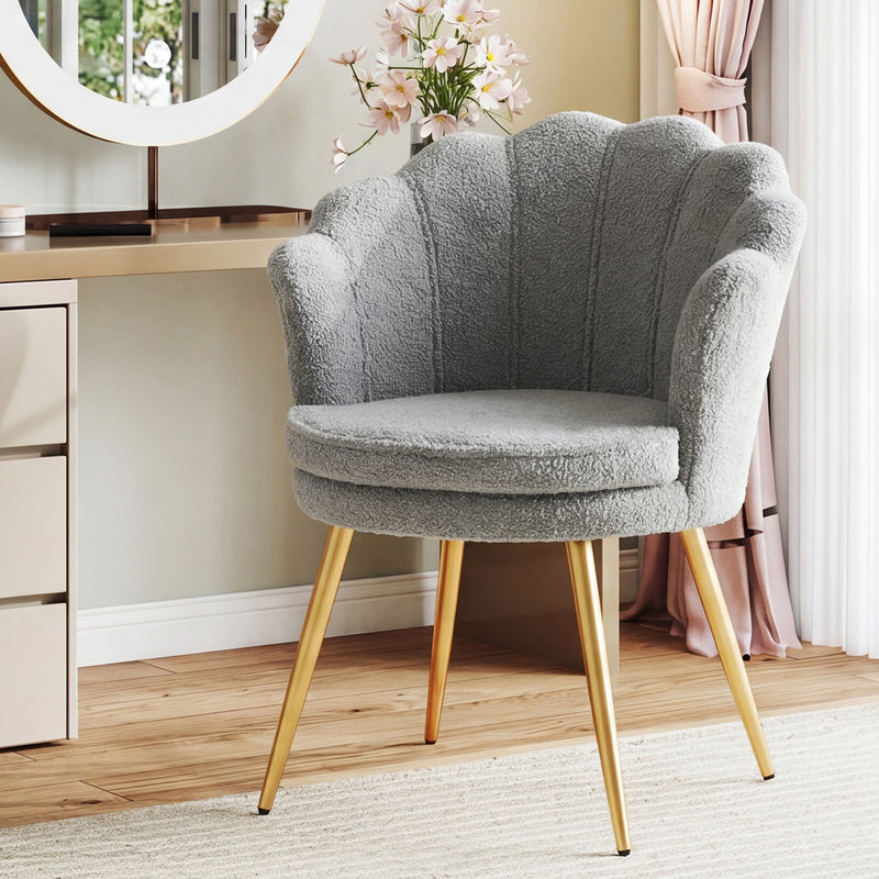 Furniliving Velvet  Vanity Chair Seashell-Shaped Vanity Stool Upholstered Accent Chair With Golden Metal Legs