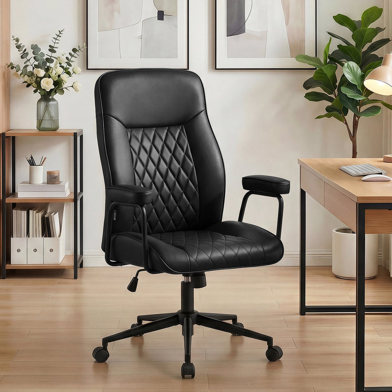 Furniliving Leather Home Office Desk Chair Mid Century Modern Office Chair With Lumbar Support