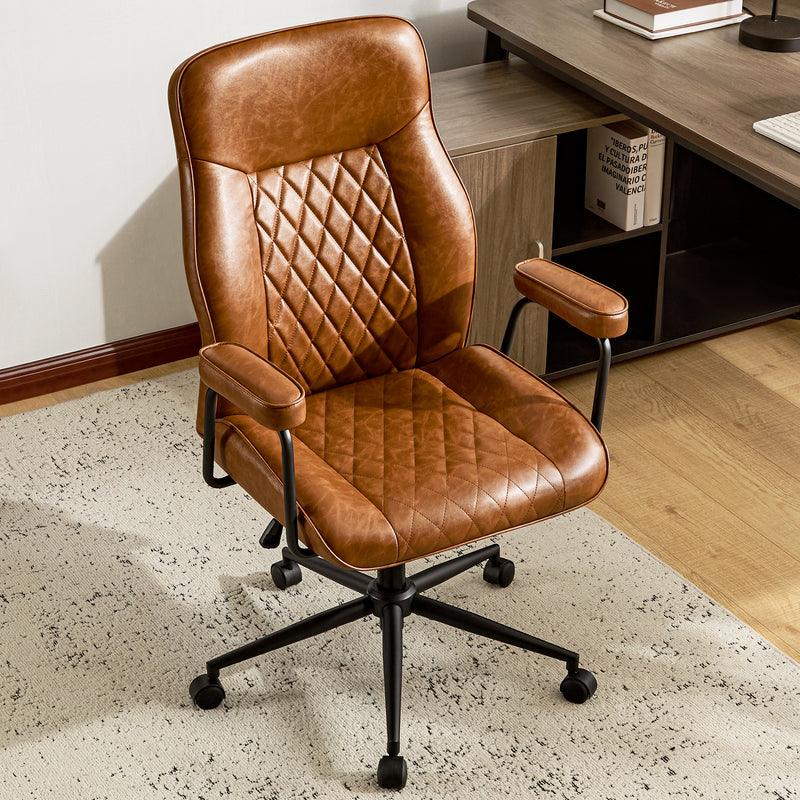 Furniliving Leather Home Office Desk Chair Mid Century Modern Office Chair With Lumbar Support