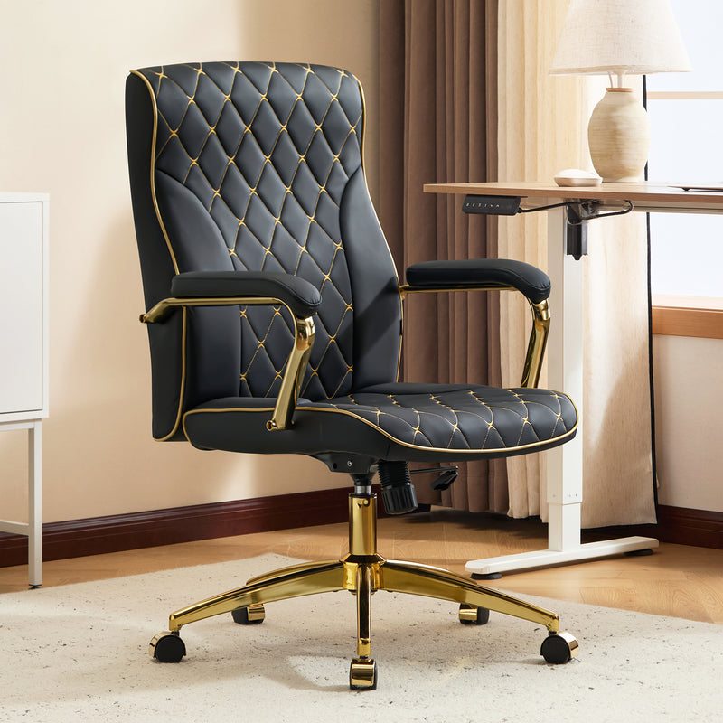 Adjustable Vanity Chair with Golden Legs and Padded Armrest