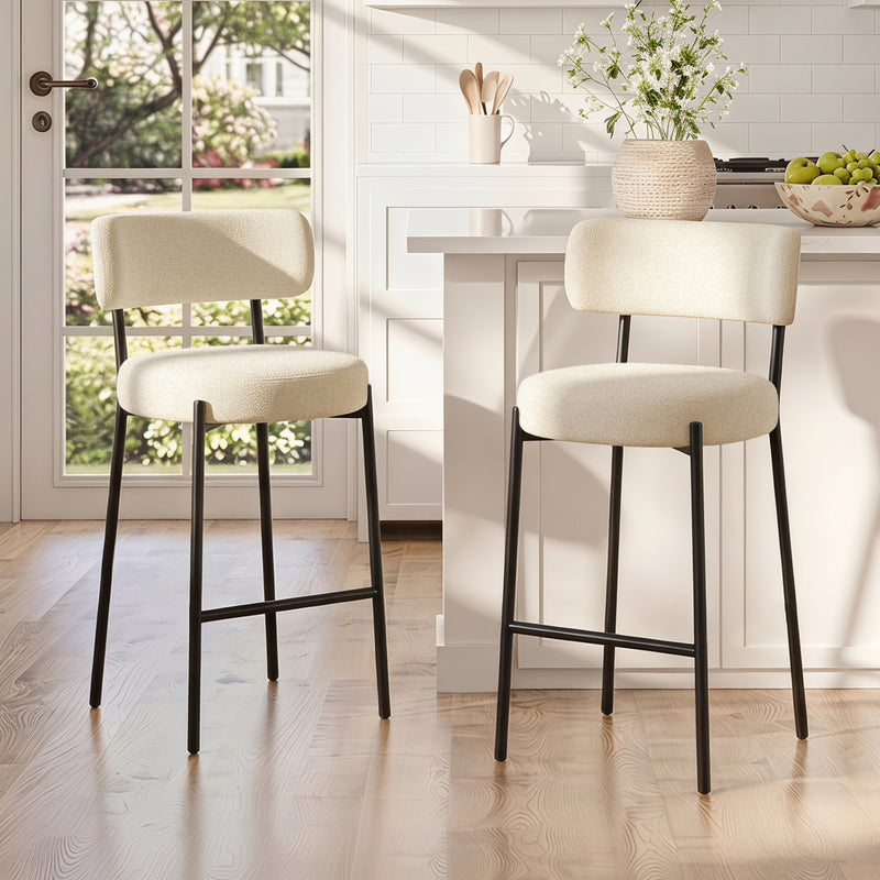 Furnilivng 24'' Bar Stools Set of 2, Modern Boucle Fabric Counter Height Bar Stools with Mid Back, Metal Frame with Upholstered for Kitchen Island, Bar, Dining Room