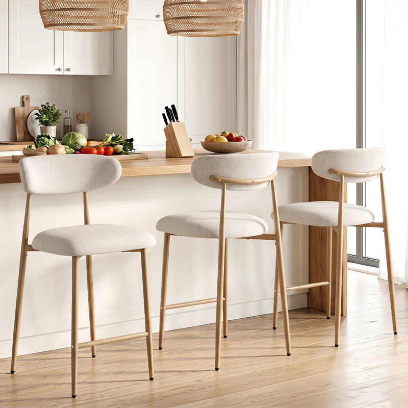 Upholstered Linen Bar Stools with Walnut Grain Metal Legs