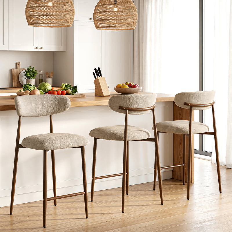 Upholstered Linen Bar Stools with Walnut Grain Metal Legs