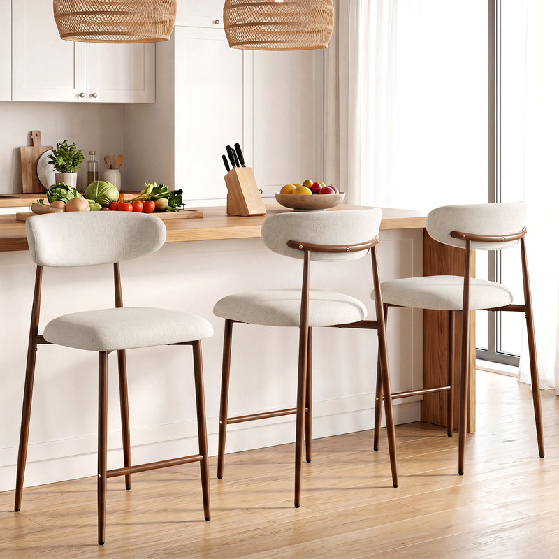 Upholstered Linen Bar Stools with Walnut Grain Metal Legs