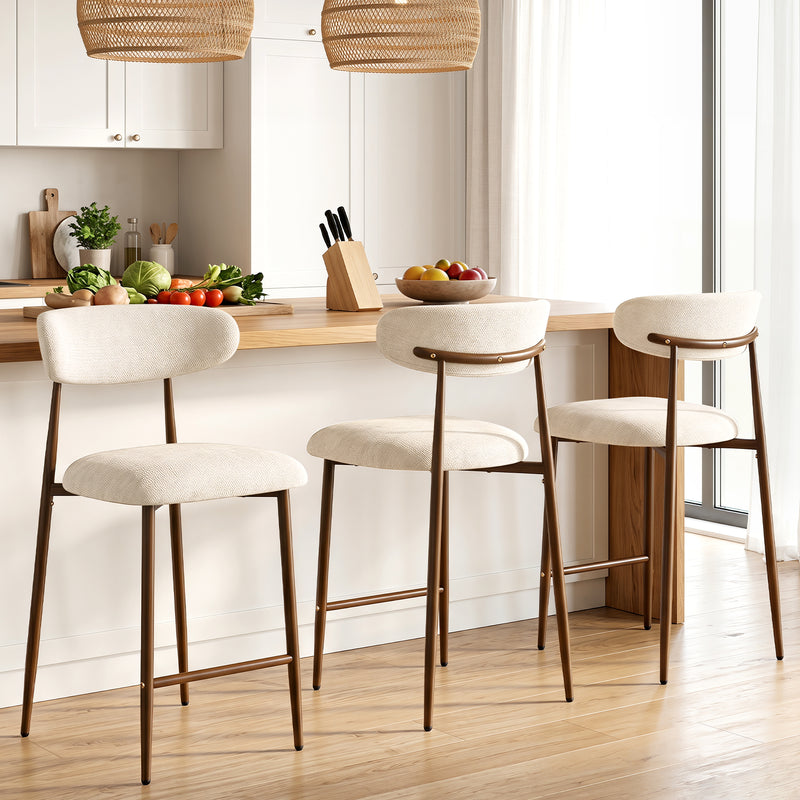 Upholstered Linen Bar Stools with Walnut Grain Metal Legs