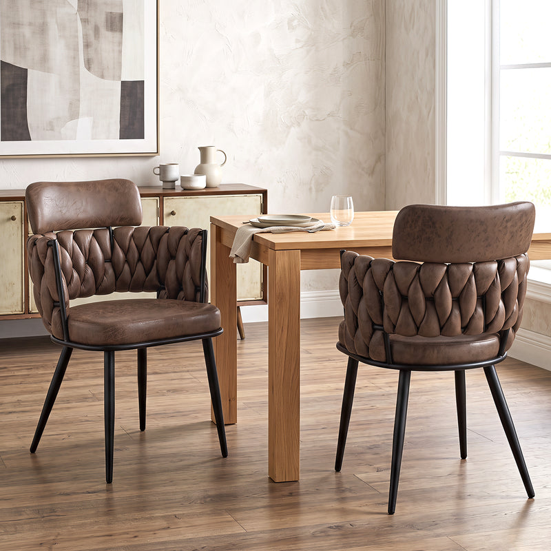 Hand-Woven Dining Chairs Set of 2, Upholstered Luxury Faux Suede Dining Room Chairs with Ergonomic Curved Back