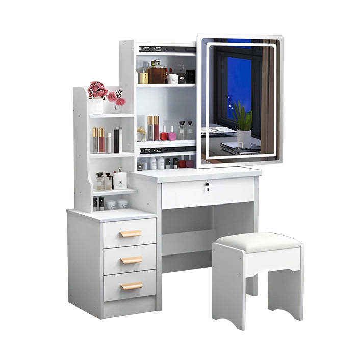 Vanity Desk with Mirror and Lights for Makeup and Chair, Vanity Mirror with Lights and Table Set with 3 Color Lighting Brightness Adjustable, 4 Drawers