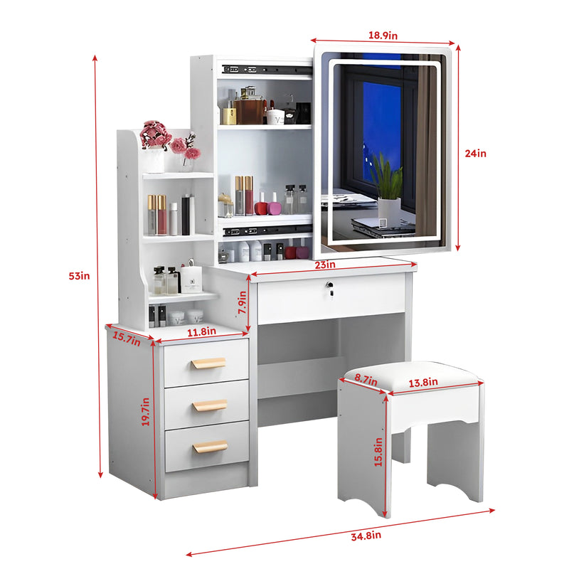 Vanity Desk with Mirror and Lights for Makeup and Chair, Vanity Mirror with Lights and Table Set with 3 Color Lighting Brightness Adjustable, 4 Drawers