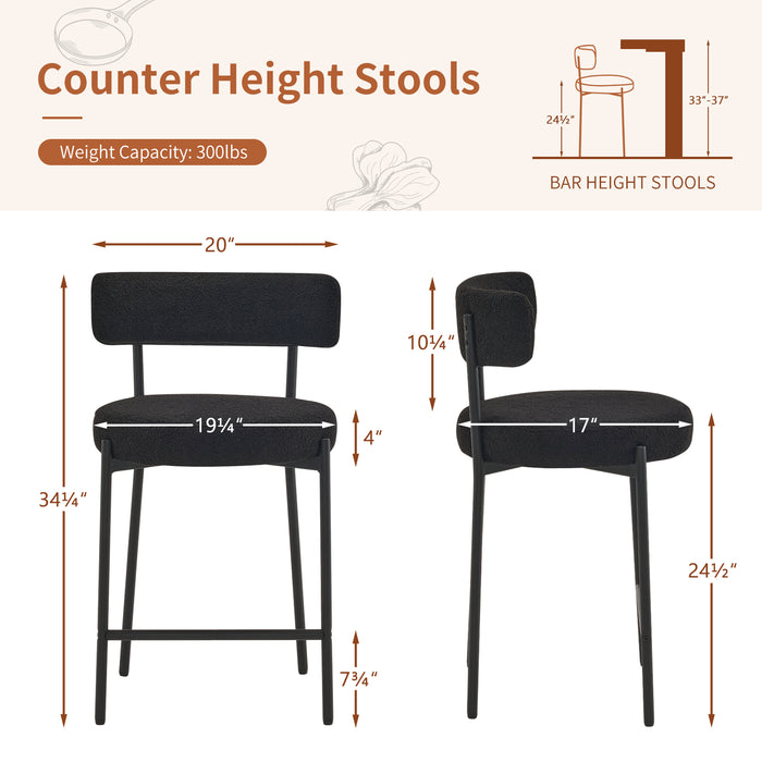Furnilivng 24'' Bar Stools Set of 2, Modern Boucle Fabric Counter Height Bar Stools with Mid Back, Metal Frame with Upholstered for Kitchen Island, Bar, Dining Room