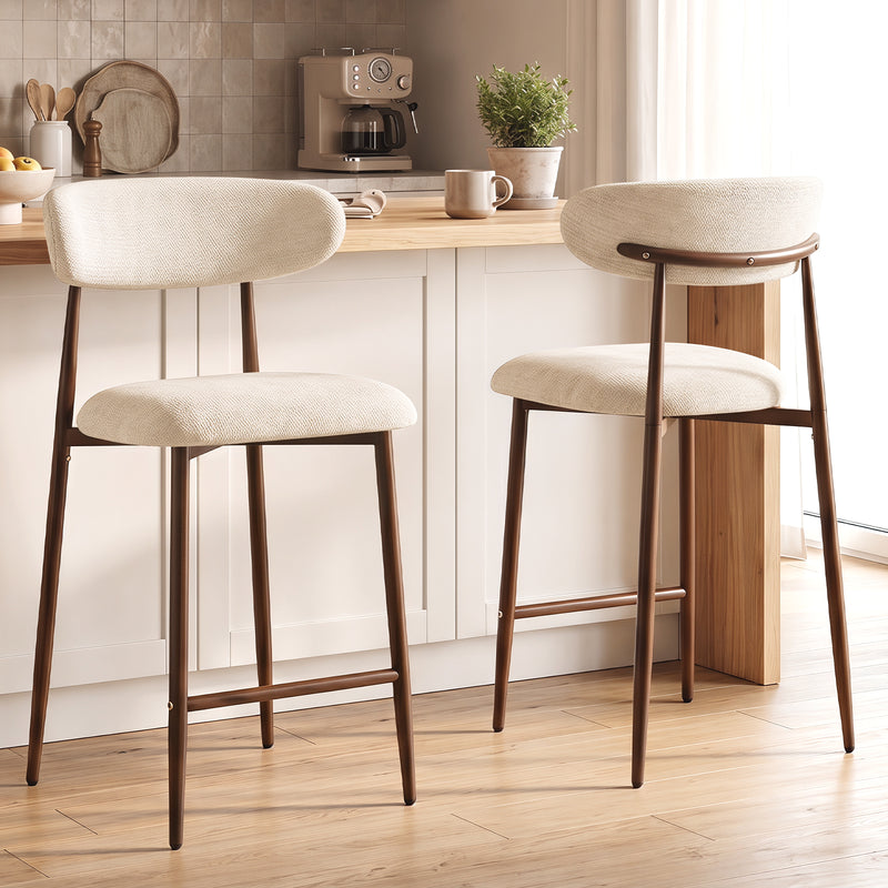 Upholstered Linen Bar Stools with Walnut Grain Metal Legs