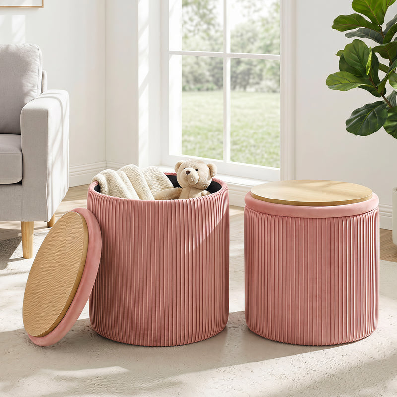 Velvet Storage Stool Set Of 2,Round Ottoman With Paint-Free Panels As a Small Table,Cute Foot Stool For Entryway