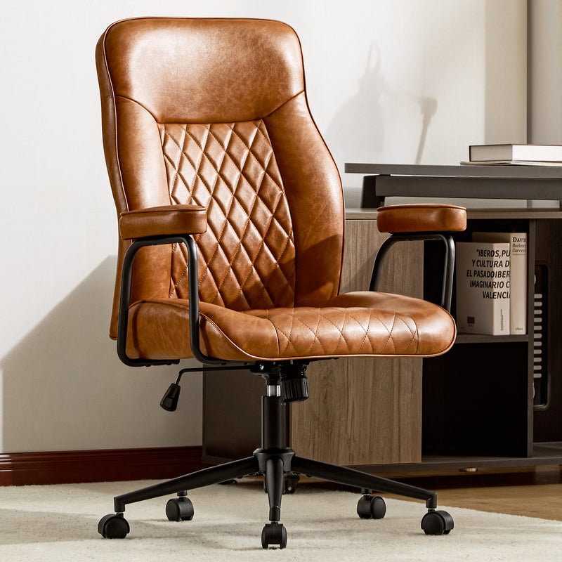 Furniliving Leather Home Office Desk Chair Mid Century Modern Office Chair With Lumbar Support