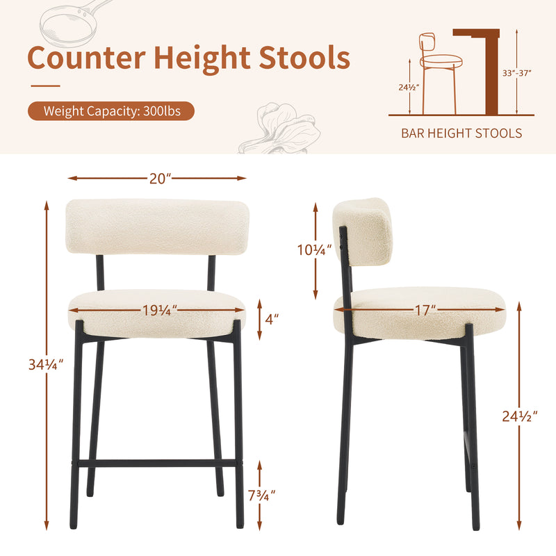 Furnilivng 24'' Bar Stools Set of 2, Modern Boucle Fabric Counter Height Bar Stools with Mid Back, Metal Frame with Upholstered for Kitchen Island, Bar, Dining Room