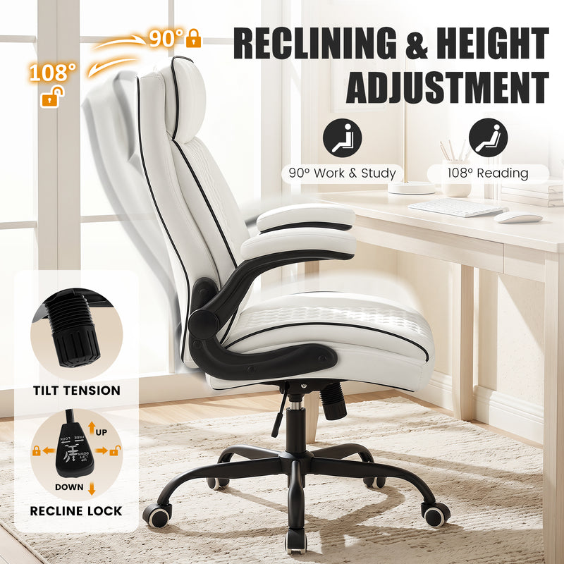 Furniliving Mid Century Modern Office Chair Leather Computer Desk Chair With Flip-Up Armrests