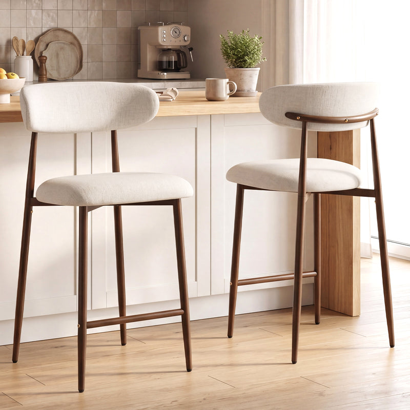 Upholstered Linen Bar Stools with Walnut Grain Metal Legs