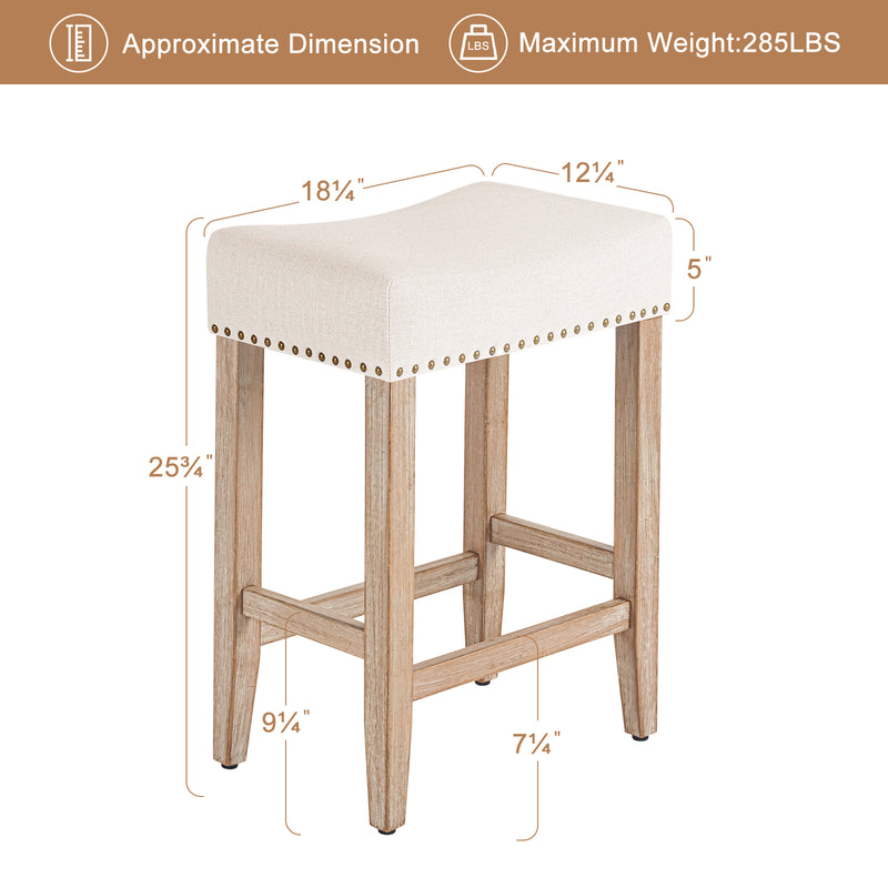 Set Of 2, 25 Inch Bar Stools, Saddle Stools, Cushions With Rivets, Wooden Bar Stools