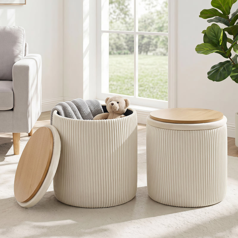 Velvet Storage Stool Set Of 2,Round Ottoman With Paint-Free Panels As a Small Table,Cute Foot Stool For Entryway