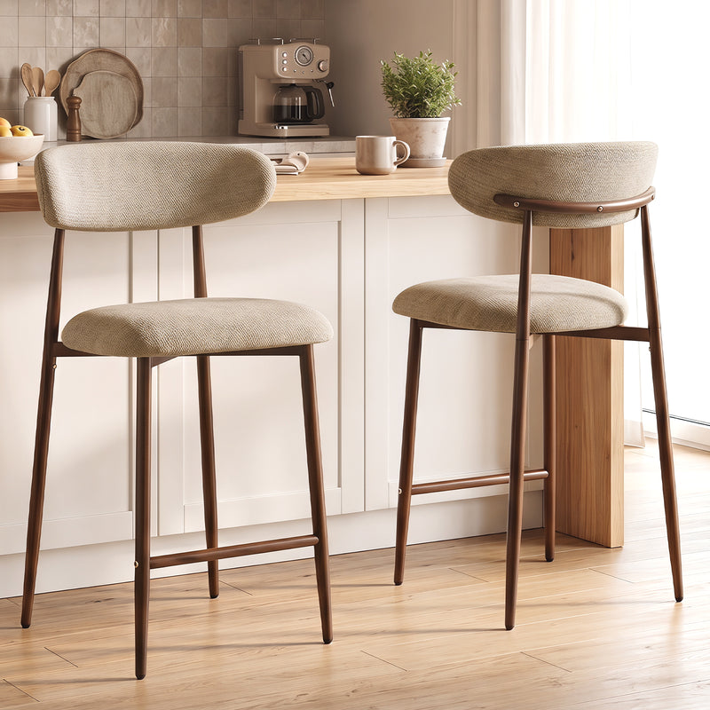 Upholstered Linen Bar Stools with Walnut Grain Metal Legs