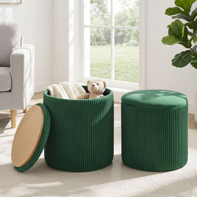 Velvet Storage Stool Set Of 2,Round Ottoman With Paint-Free Panels As a Small Table,Cute Foot Stool For Entryway