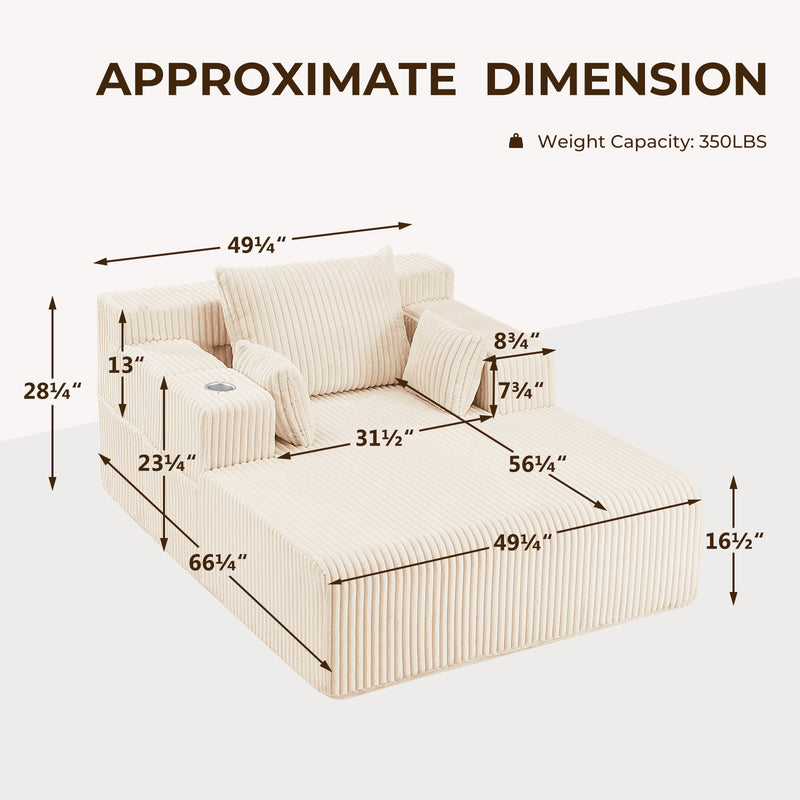 66" Oversized Chaise Lounge Indoor, Upholstered Sofa Bed with 1 Cup Holders & 4 Side Pockets