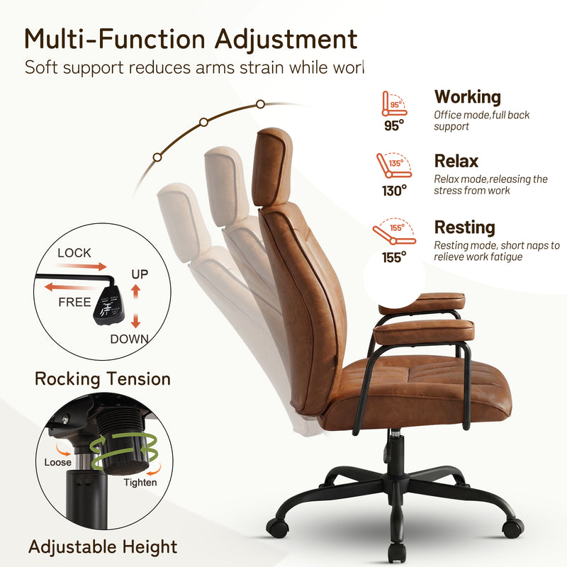 Leather Home Office Desk Chair Mid Century Modern Office Chair With Lumbar Support
