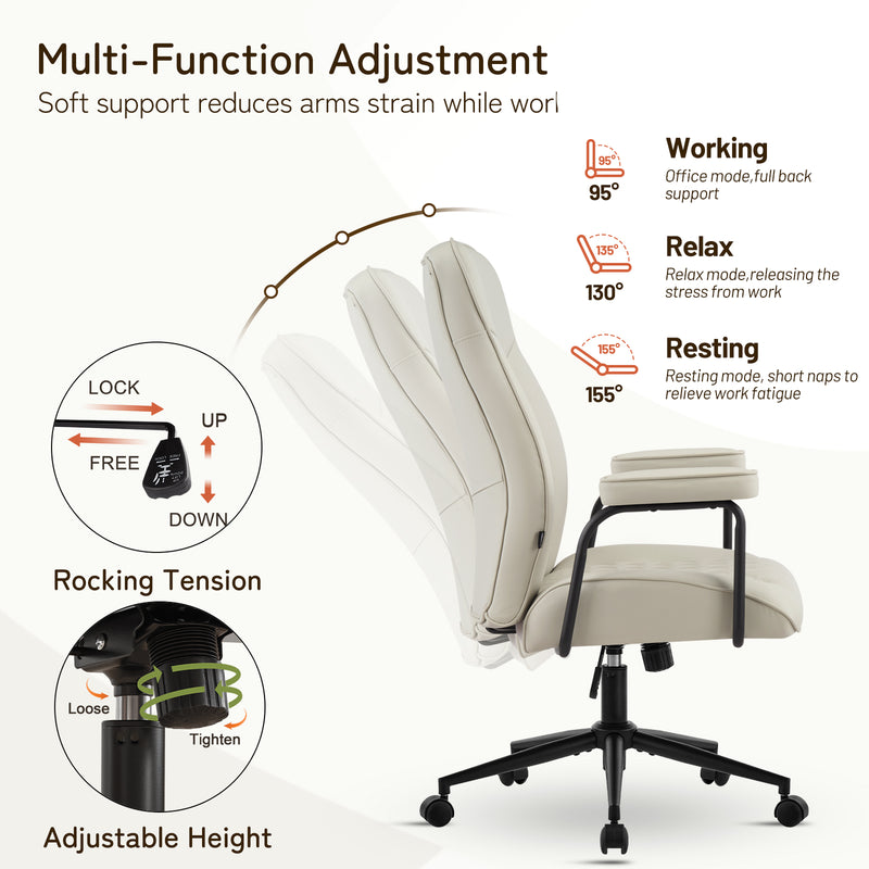 Furniliving Leather Home Office Desk Chair Mid Century Modern Office Chair With Lumbar Support
