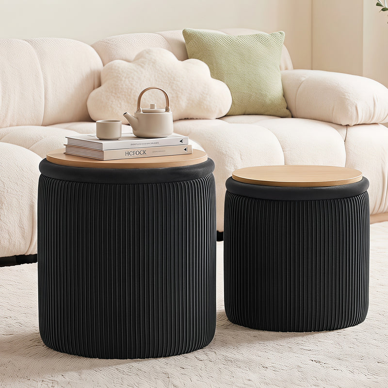 Velvet Storage Stool Set Of 2,Round Ottoman With Paint-Free Panels As a Small Table,Cute Foot Stool For Entryway