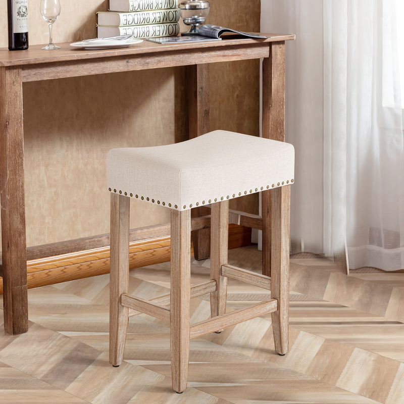 Set Of 2, 25 Inch Bar Stools, Saddle Stools, Cushions With Rivets, Wooden Bar Stools